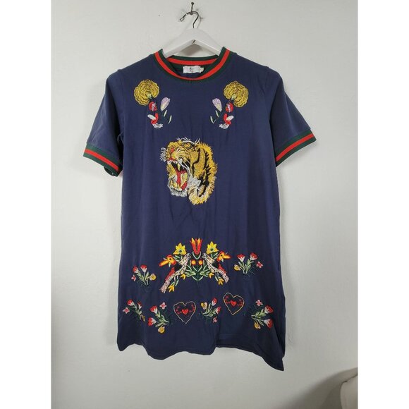 Faded Love Womens Floral Tiger Embroidered Navy Short Sleeve Mini Dress Medium - Picture 1 of 9